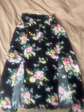 Kirra Black Floral A-Line Midi Skirt with Pink & Yellow Blooms